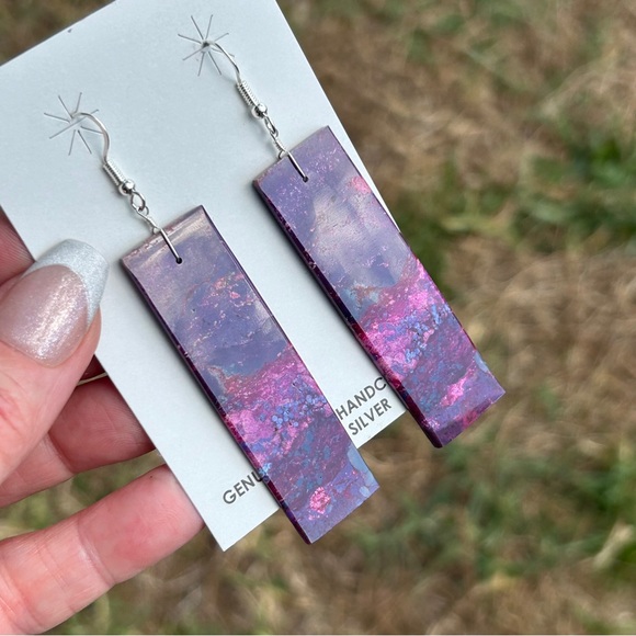 Navajo Crafted Purple Mojave Slab Dangle Earrings - Picture 2 of 15